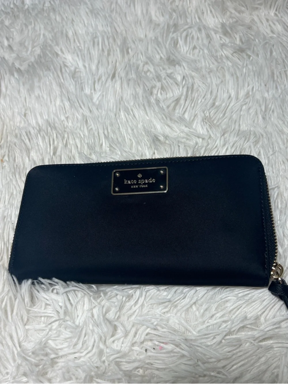 kate spade Black Zip-Around Logo Plate Wallet